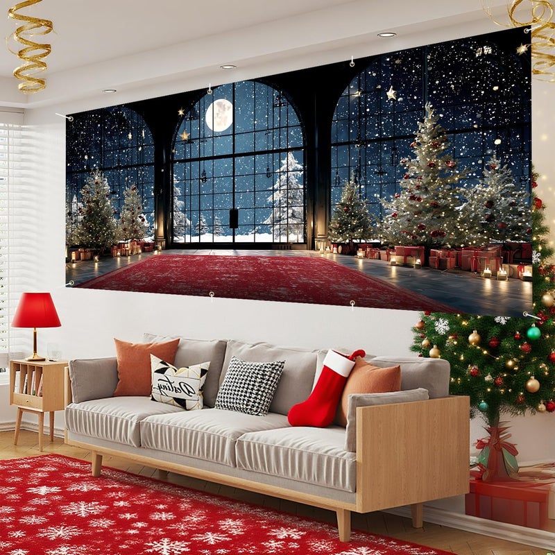 THISFIND Christmas Night Window Scene Garage Door Banner – Festive Indoor View with Moonlight, Trees & Gifts for Holiday Outdoor Decor - Image 5